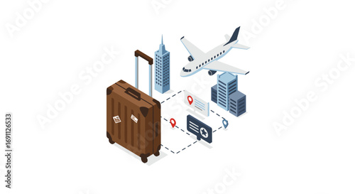 Isometric travel concept with airplane, suitcase, and city elements