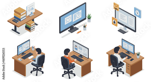 Isometric office workspace with computers and business elements for remote work