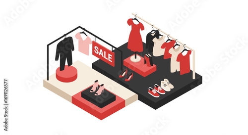 Isometric fashion boutique display with clothing and footwear sale