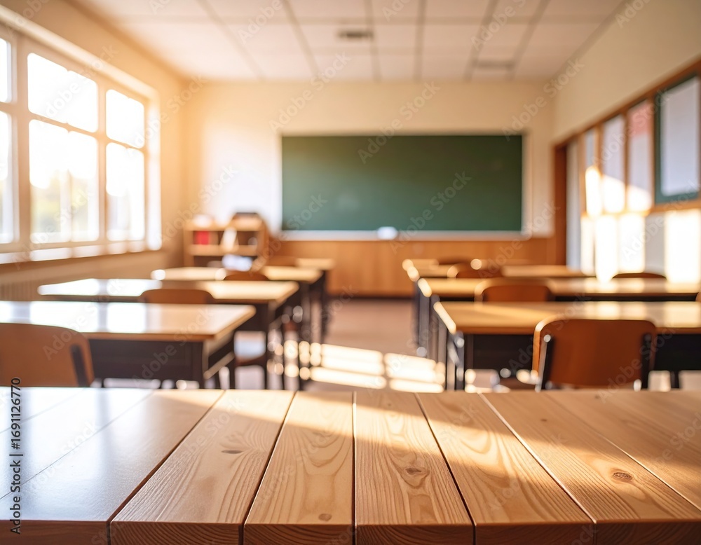 Fototapeta premium Sunny classroom with empty desk in focus