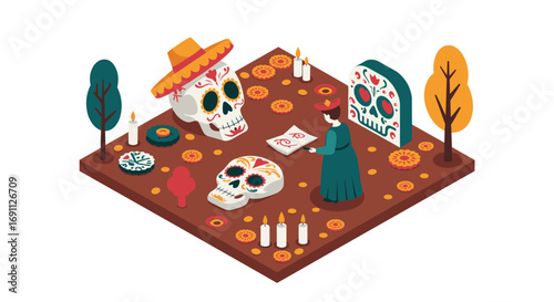 Day of the dead celebration in isometric style with colorful sugar skulls and candles