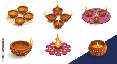 Colorful diwali lanterns and diyas with intricate patterns in isometric style