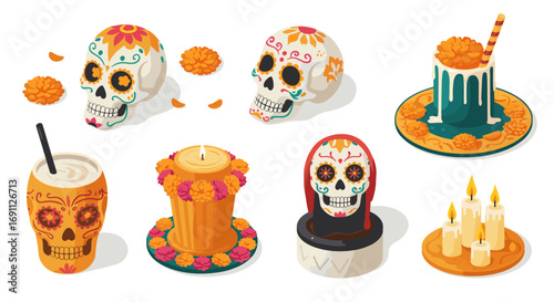 Colorful day of the dead elements featuring skulls and candles