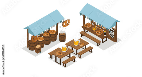 Isometric oktoberfest market stall with pretzels and beer on display