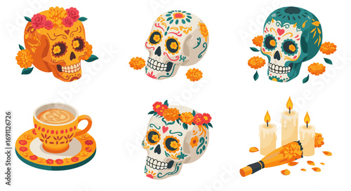 Colorful dia de los muertos skulls with flowers and marigolds