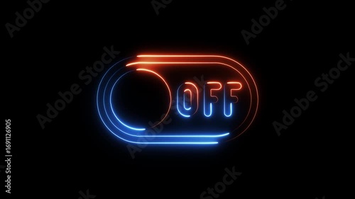 Glowing neon O F switch toggle button animation with red and blue light effects on black background abstract