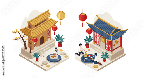 Charming isometric asian village scene with traditional lanterns and architecture