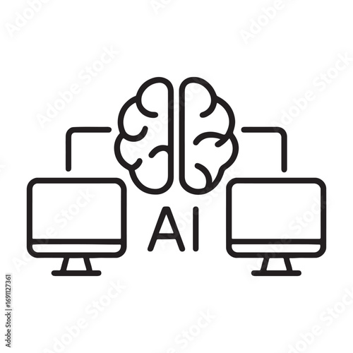 Distributed AI Computing Vector Icon - A Central Brain Processing Data from a Shared Network of Computers for Machine Learning. cloud computing concept illustration