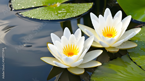 White water lilies on a peaceful pond