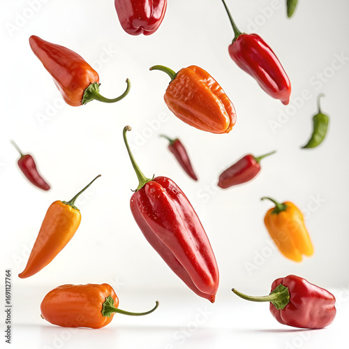 Wallpaper Mural Vibrant chili peppers float midair against a clean white background. Torontodigital.ca