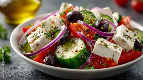 Fresh greek salad with feta cheese, olives, and vegetables