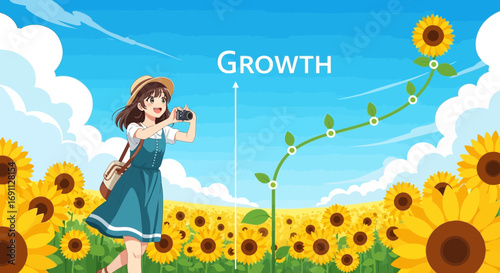 Girl with camera in sunflower field with growth chart illustrating personal development