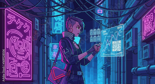Futuristic city scene: A woman interacts with holographic display in a vibrant cityscape