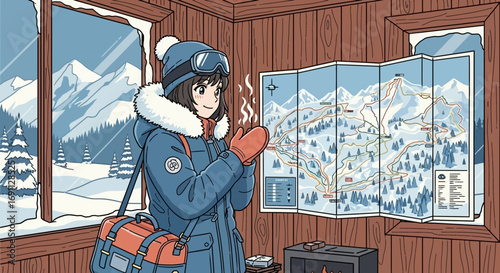 Anime Girl Warms Her Hands in a Cozy Cabin Before Hitting the Slopes for Winter Fun