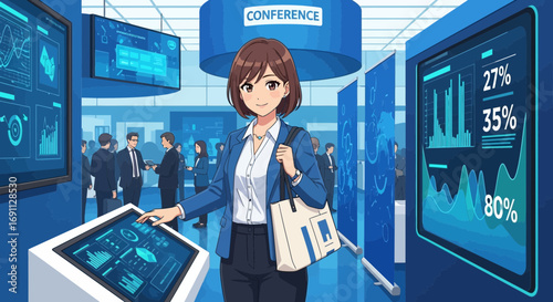 Anime style illustration of a business conference featuring technology and data displays