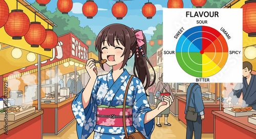 Anime girl enjoying street food at a Japanese festival with flavor profile concept art illustration