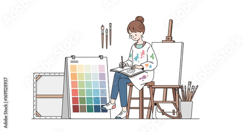Illustration of a young female artist sketching in her studio with art supplies all around
