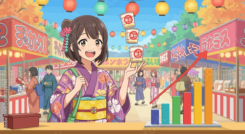 Anime girl in yukata at a summer festival with rising sales graph illustration