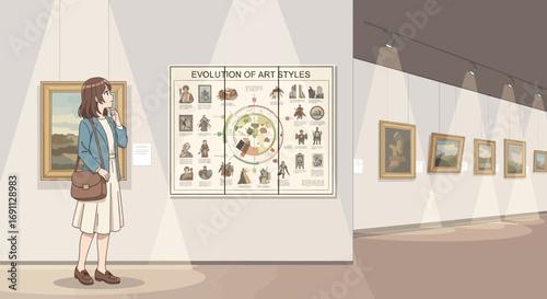 A woman visits an art gallery and contemplates the artwork with a curious expression, enjoying the