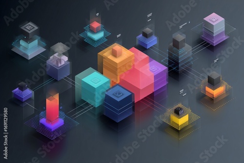 Abstract microservices architecture with independent modules, colorful cubes, digital connections, and futuristic technology, representing modern software development and cloud computing
