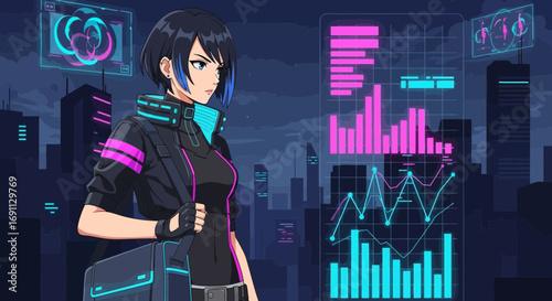 Anime character in futuristic city with data visualization elements evoking technology industry