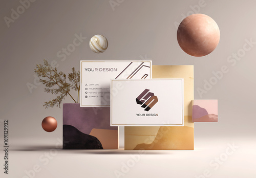 Two Business Cards And Minimalist Modern Elements Floating Mockup