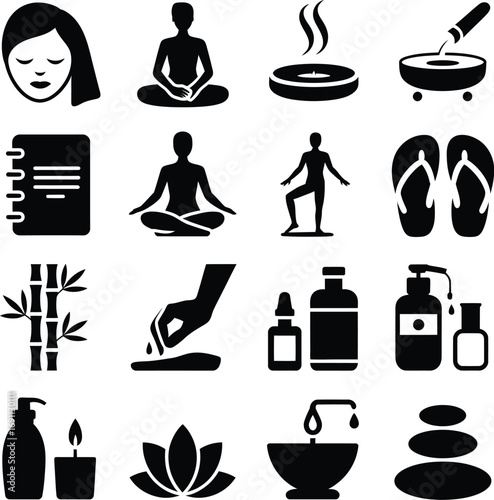 (238)Wellness & Spa Lifestyle Icon Set – Black and White Vector Illustrations of Meditation, Candles, Bamboo, Bottles, and Calm Rituals