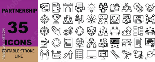 35 partnership business icons hand-drawn style for your next project vector