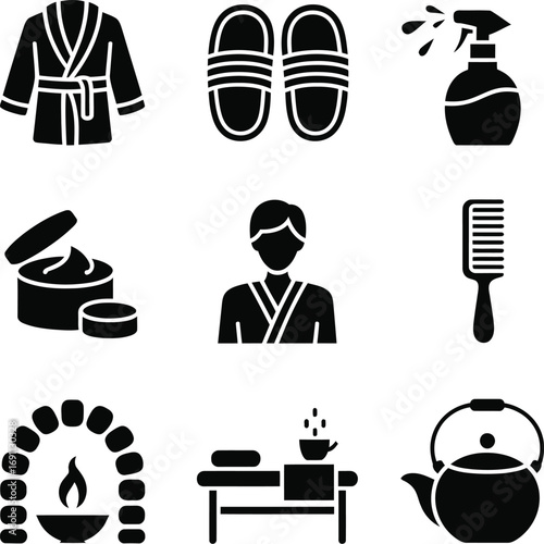 (240)Spa Essentials Icon Set – Black and White Vector Illustrations of Robes, Slippers, Creams, Teapots, and Relaxation Items