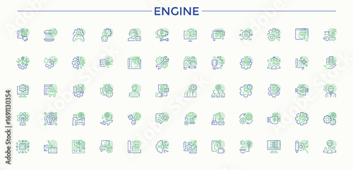 Engine colorful line icon set. Pictograms of car, auto, part, element, repair, automobile and more. Thin linear style icons. Car vector line icon set. Vector illustration in modern line style.