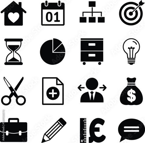 (242)Business & Productivity Icon Set – Black and White Vector Illustrations of Planning, Finance, Creativity, and Organization