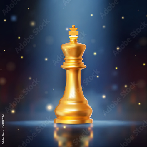 3d gold vector chess piece king. Chess Strategy for Business Leadership and Team Success Concepts. Gradient mesh. Stock vector illustration on blue isolated background.