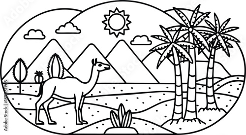 Desert oasis scene with camel majestic mountains palm trees and sunny sky