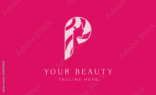 Logo beauty woman face with letter P and stipes lollipop concept.