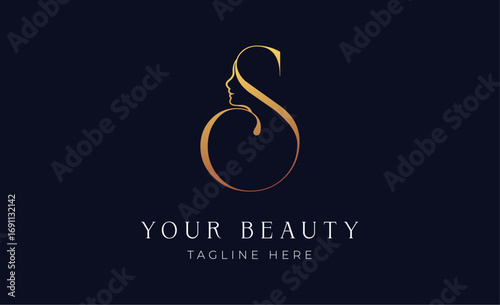 Logo golden women face with letter S. Beauty concept with minimalist  modern and luxury brand identity.
