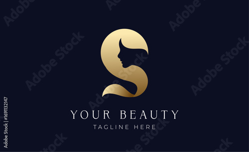 Minimal logo gold women face with letter S. Beauty concept with minimalist  modern and luxury brand identity.