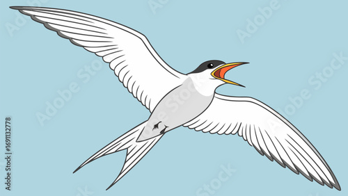 A single white seagull soars in flight against a vast blue sky