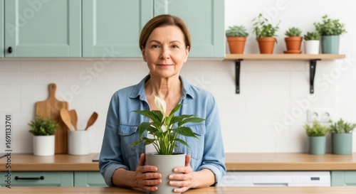 Caucasian mature female holding potted plant in modern kitchen with green cabinets