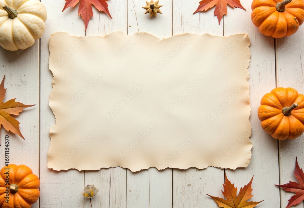 Fototapeta premium Pumpkins and autumn foliage arranged in seasonal thanksgiving concept