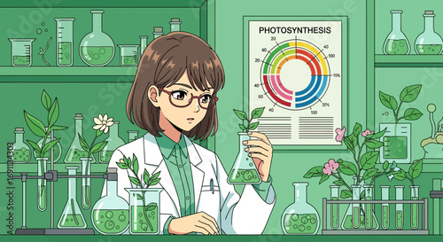 Young scientist analyzing photosynthesis in a laboratory with plants and equipment depicted in a