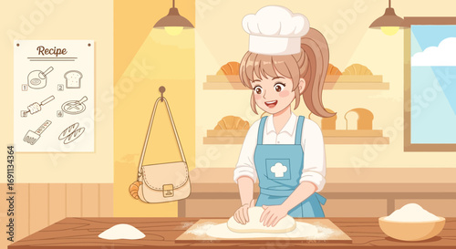 A charming cartoon bakery scene featuring a young female baker kneading dough with visible recipes