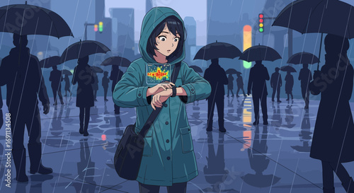 Anime character checking time on smartwatch in rainy city crowd scene vector illustration