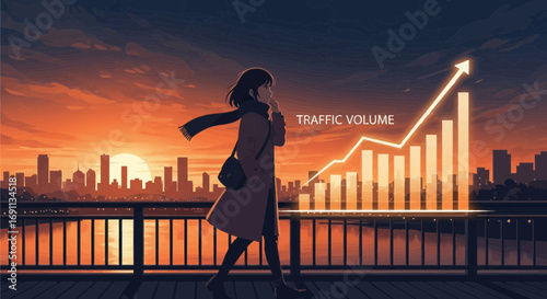 Anime cityscape reflecting traffic volume increase at sunset with a walking woman