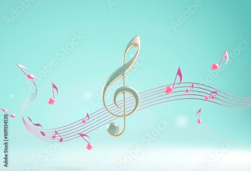 Elegant treble clef with flying music notes background