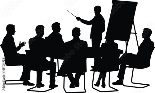 Silhouette of business meeting presentation, team brainstorming, leader pointing at board, corporate training, office discussion, seminar workshop, professional collaboration concept