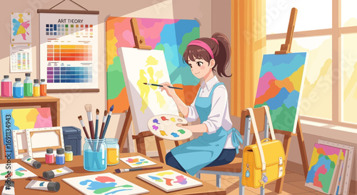 Anime style artist working on a colorful painting in a bright and cheerful studio