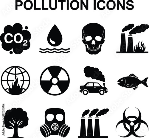 (282)Pollution & Environmental Hazard Icon Set – Black and White Vector Illustrations of CO₂, Toxic Waste, Smoke, and Biohazards