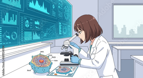 Anime style depiction of a scientist analyzing cell structures under a microscope in a modern lab