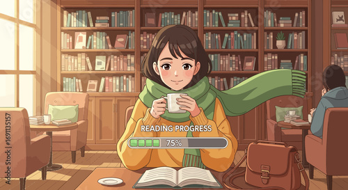 Anime style illustration of a girl reading in a cozy library with a progress bar and scarf
