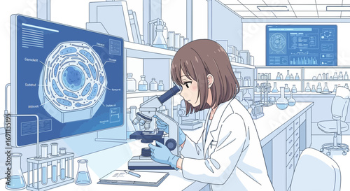 Anime style illustration of a young scientist working in a modern equipped laboratory